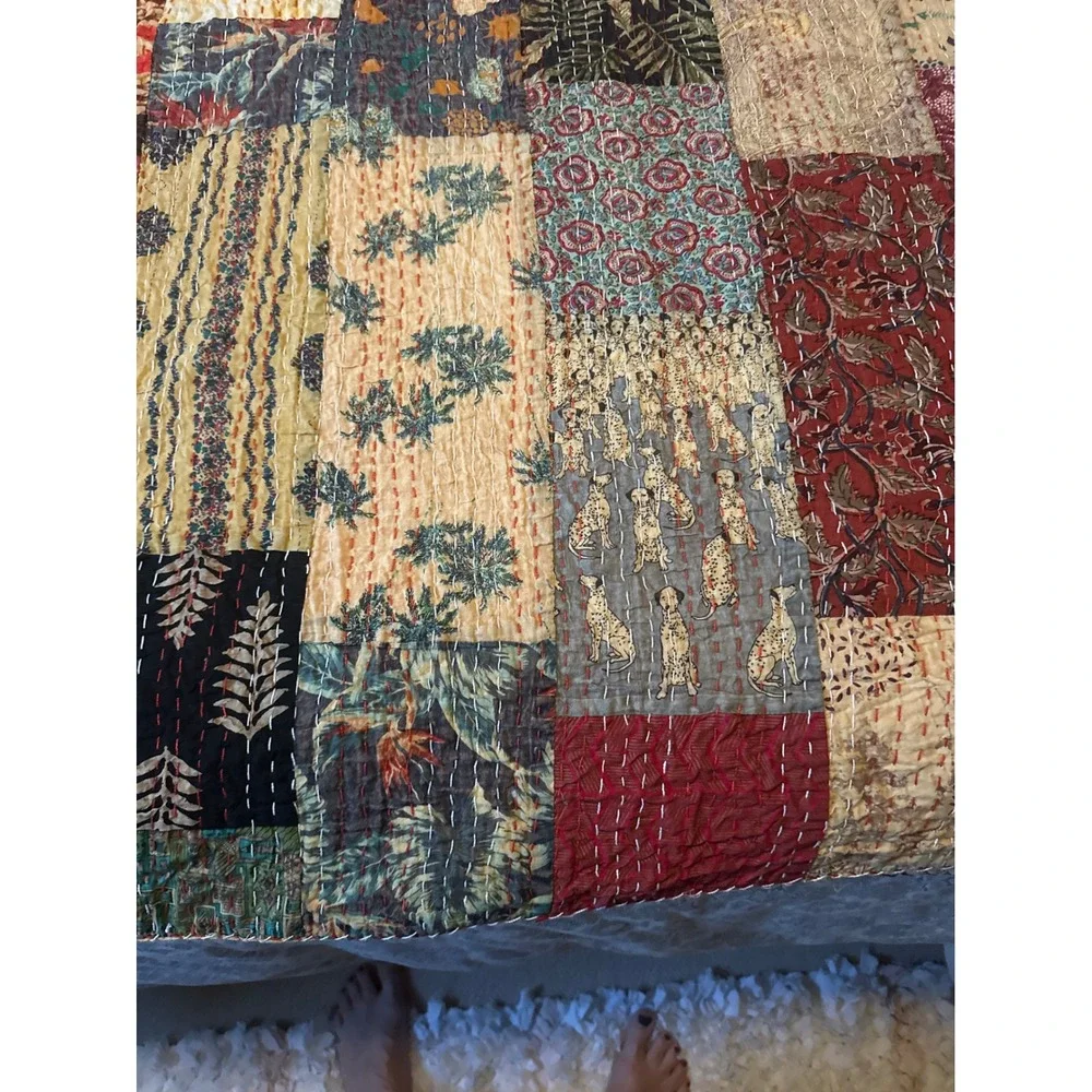 Handmade Kantha Quilt Patchwork Cotton Bedspread Multi Color Hand Stitched